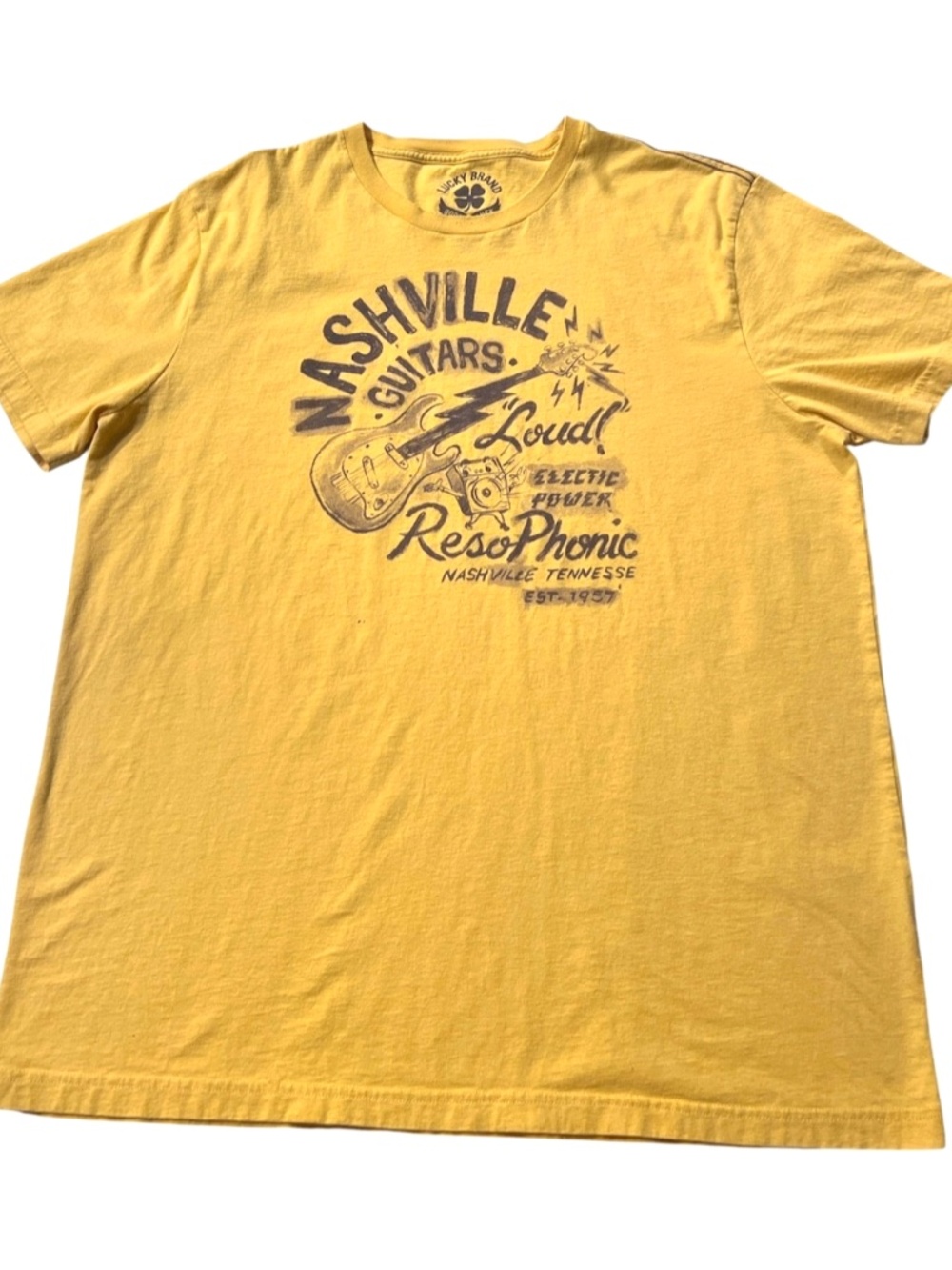 Lucky Brand Nashville Guitars Retro Print Yellow Graphic Cotton T Shirt XL - Picture 3 of 10